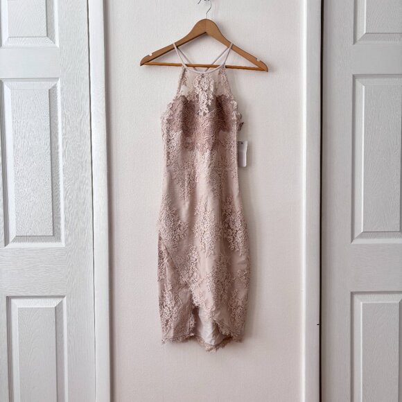 SAYLOR Lace Halter Mini Dress w/ Asymmetric Hem - Picture 4 of 9
